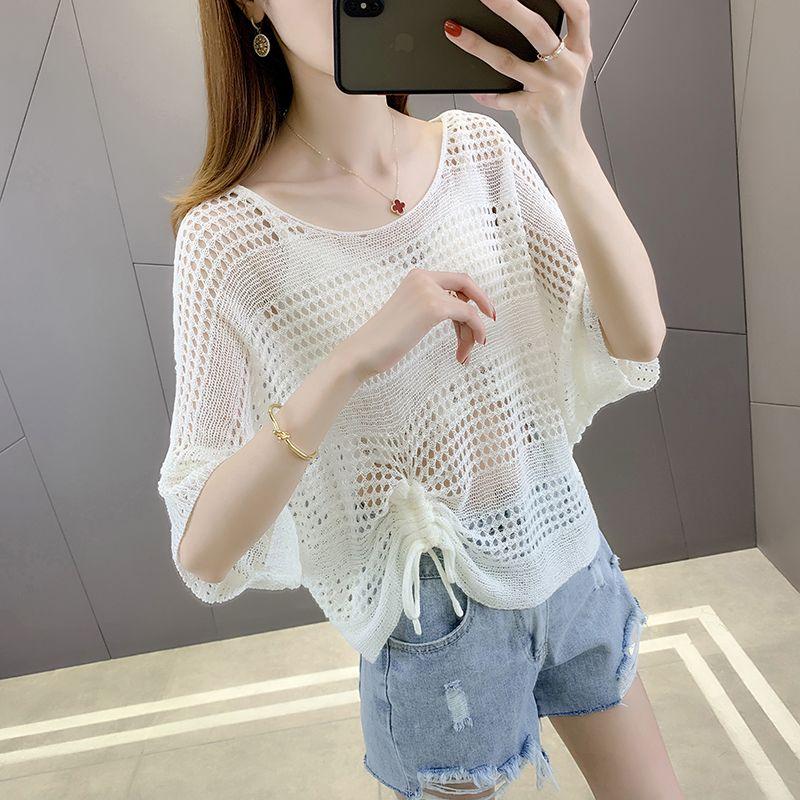 WTEMPO Summer Knitted Cardigan Women's Hollow Thin T-Shirts Loose V-Neck Short Sleeve Knitted Vests Short Tops