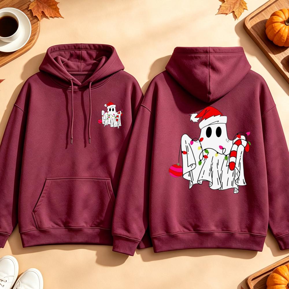 Funny Christmas Ghost Sweatshirt String Lights Candy Cane Graphic Long Sleeves Pullover Spooky Holiday Xmas Tops Women