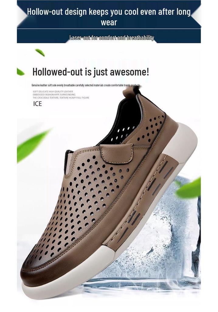 Men's Breathable Leather Slip-On Hollow Casual Sandals
