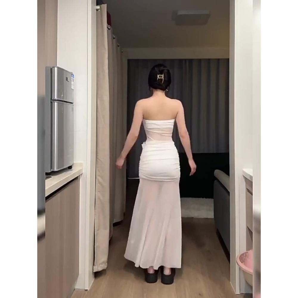 Wind temperament white mesh tube top dress women's spring temperament waist seaside vacation hip wrap long skirt