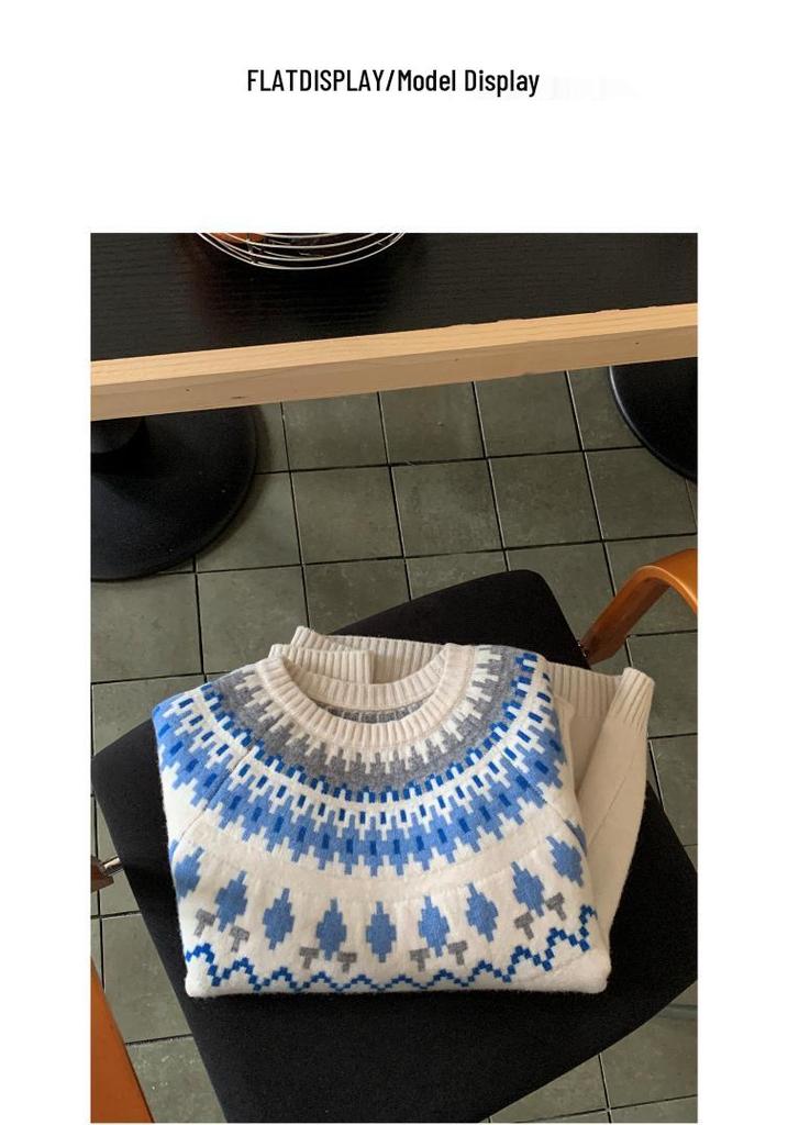 100% Wool Women's Fair Isle Jacquard Sweater - Solid Color, Round Neck, ThickenedVersatile Base Layer