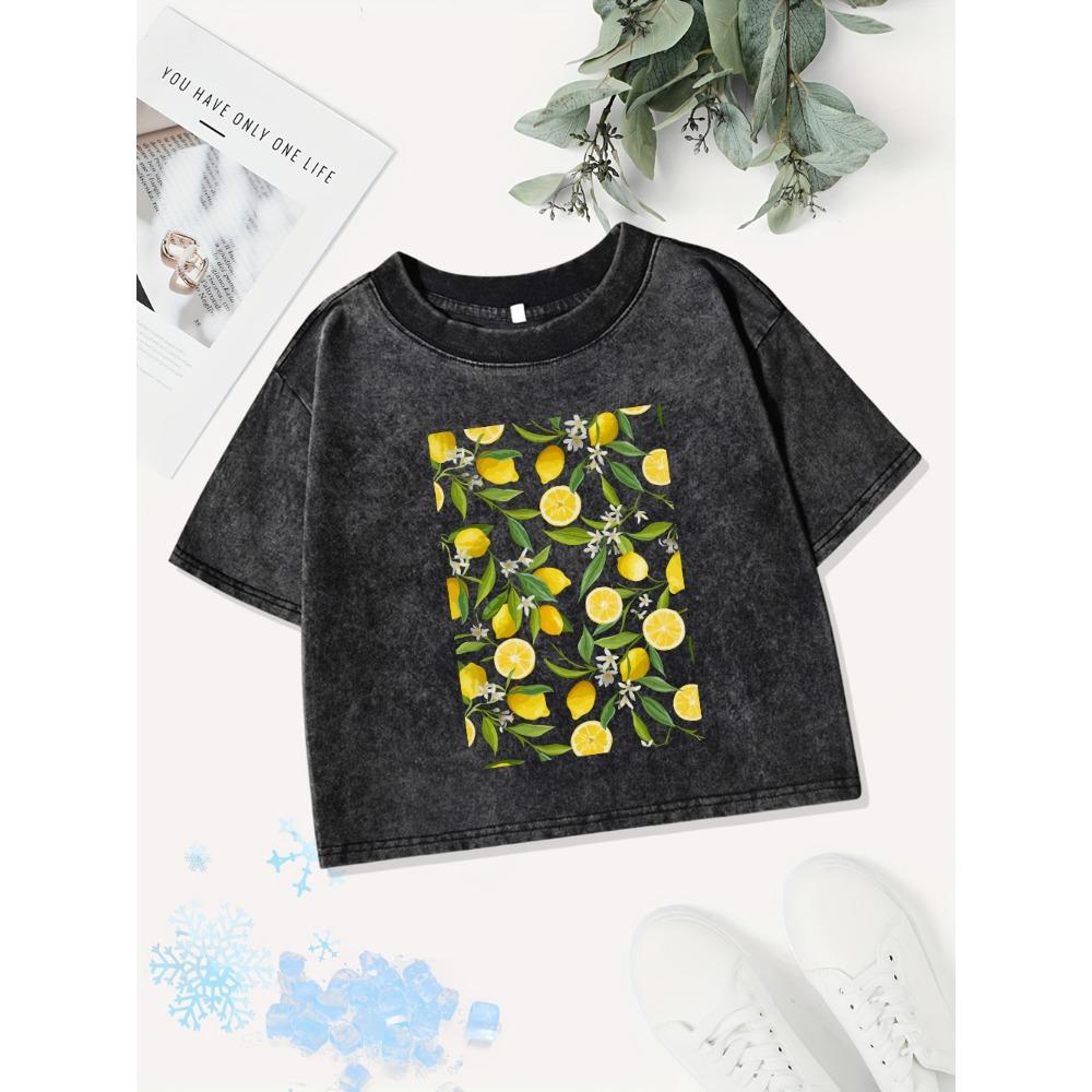 

Street Cotton Crop Tops Womens Fresh Lemon Printing Washed T-Shirts Sexy Regular Fit O-Neck Streetwear Clothes M