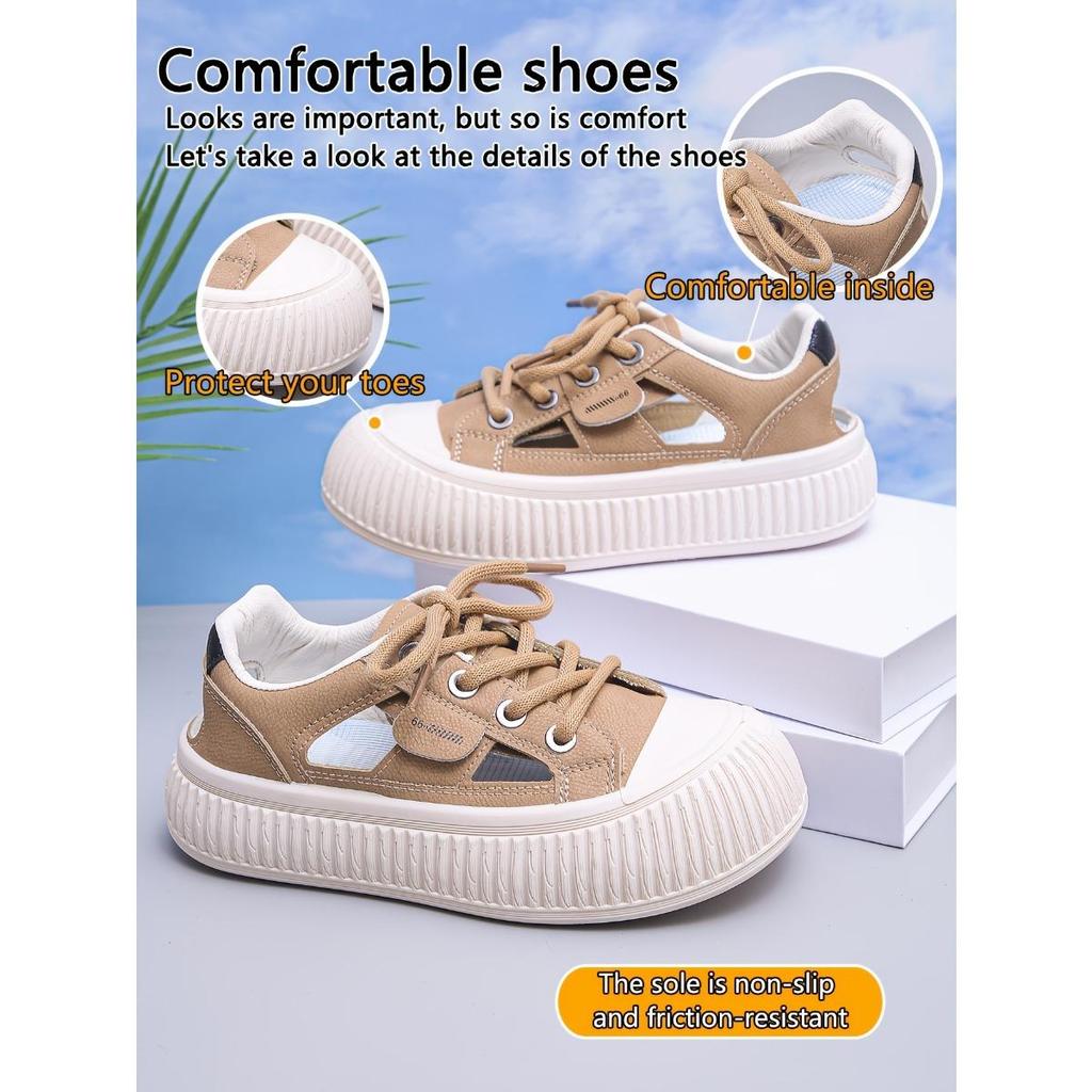 Women's Trendy White Lace-up Shoes with Thick Sole and Hollow Out Design