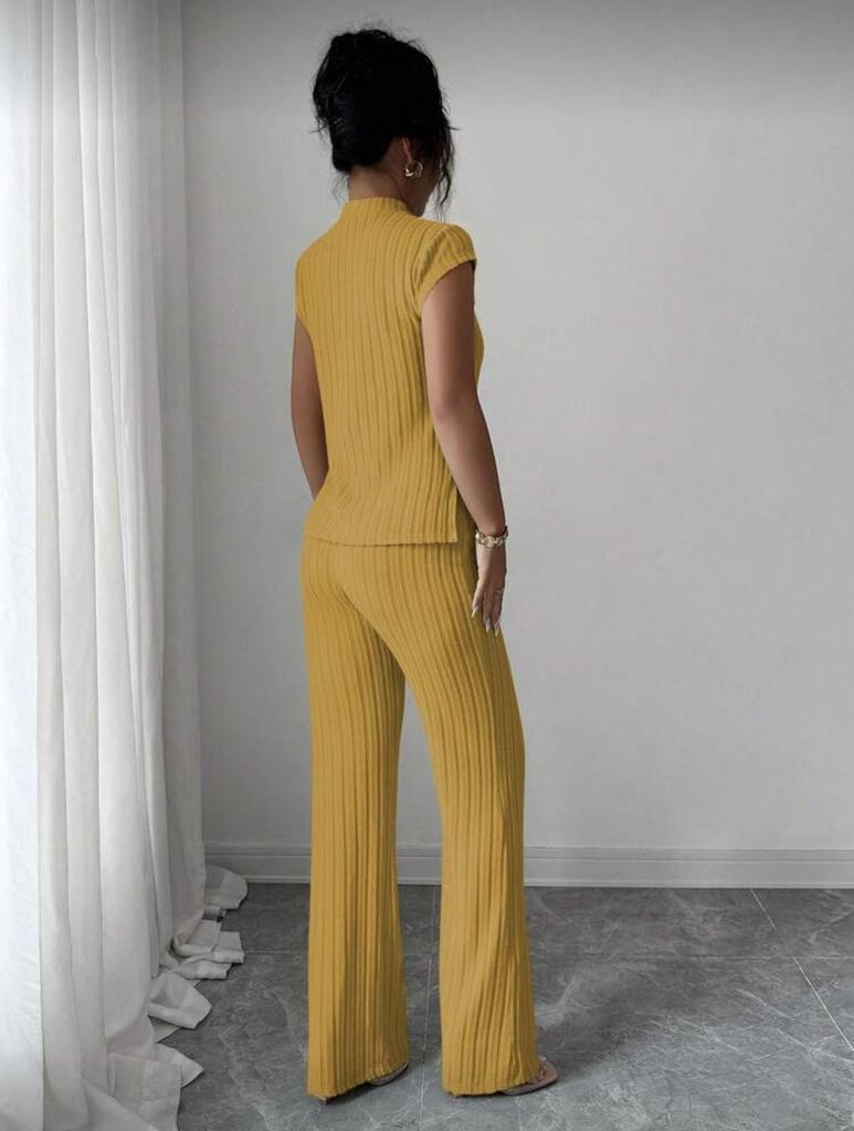 2026 New Style Women's Solid Color Short Sleeve Top & Ribbed Casual Pants Set