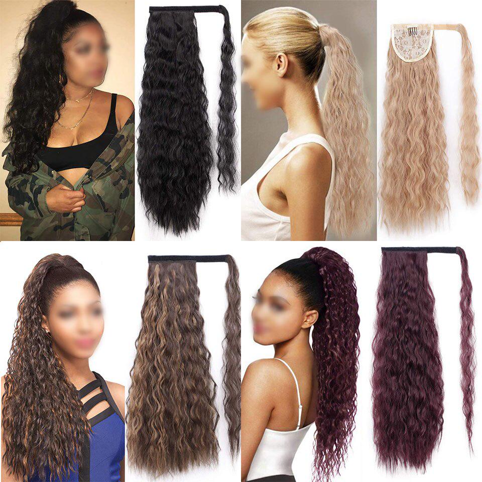 Long Wavy Kinky Curly Velcro Clip In Ponytail Hair Extensions Synthetic Natural Color Hairpieces