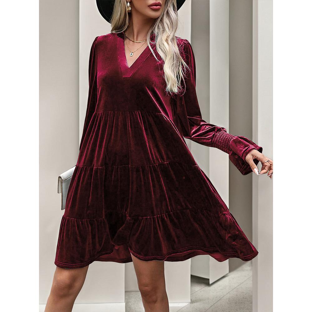 Women's Casual V Neck Long Sleeve Velvet Dress Fall Babydoll Dress Flowy Cocktail Wedding Party Shift Dresses