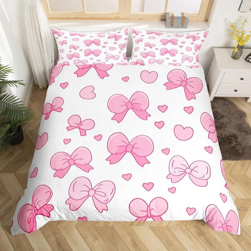 3D Bowknot Print Duvet Cover Set, Cute Bow Heart Pattern Bedding Set, Soft Microfiber Quilt Cover With Pillowcases