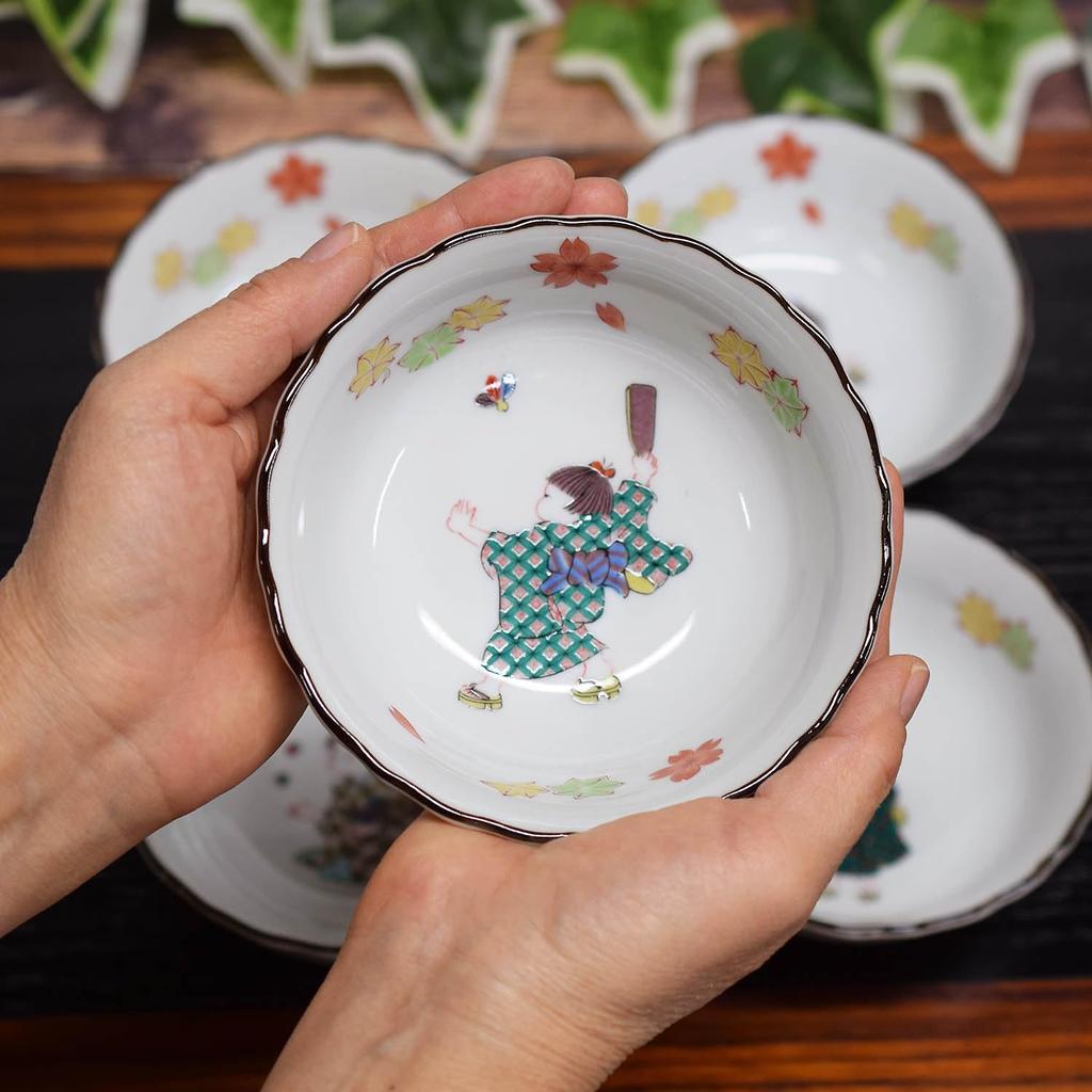 Waza no Kura Stylish Kutani Ware Small Set of Warabe Japanese Japanese Side Made in Wedding Return or Celebration Gift Bowls, 5, Pattern, Ceramic,