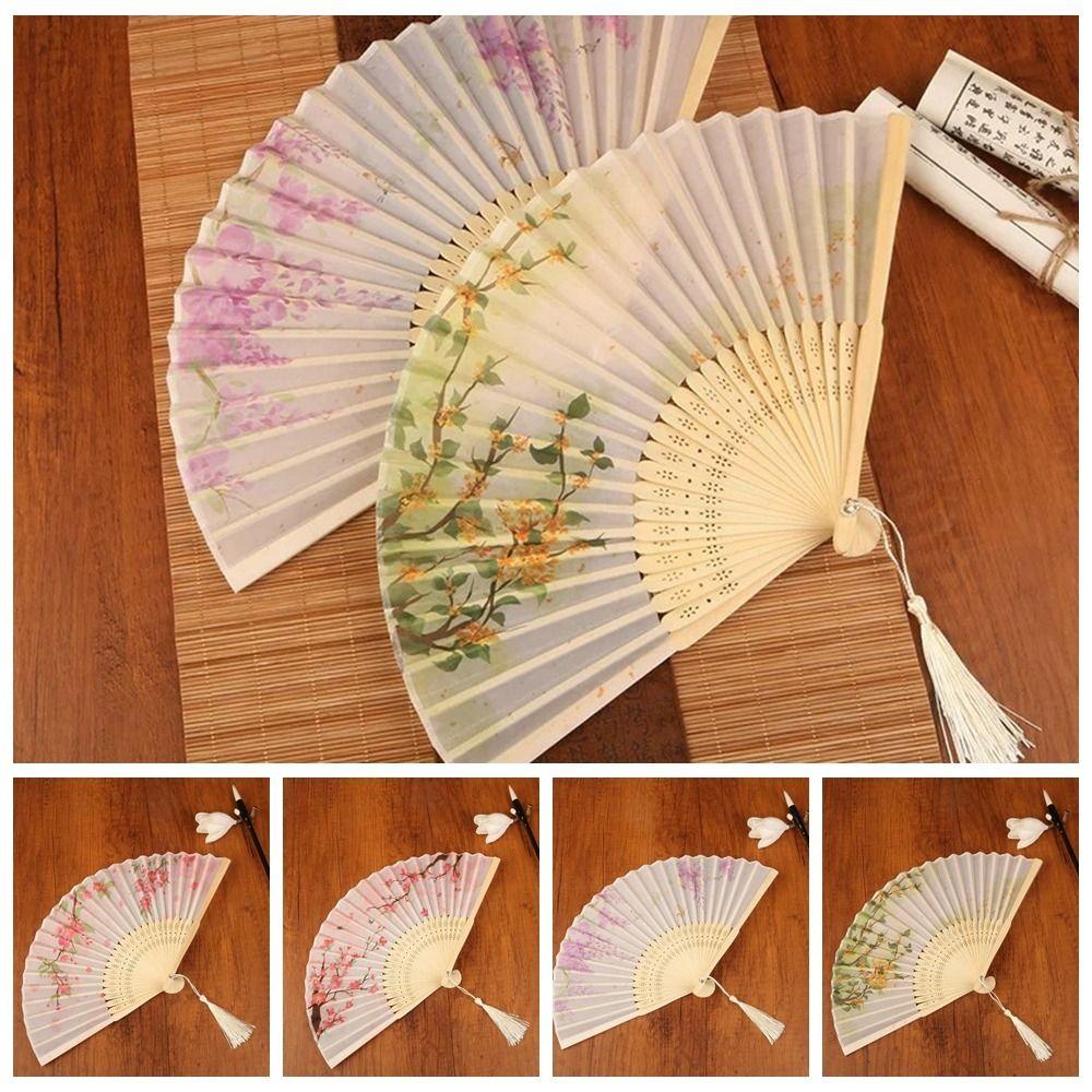 Silk Material Vintage Silk Folding Fan Bamboo Frame Dance Fan Elegant Hand Fan Dance Performance