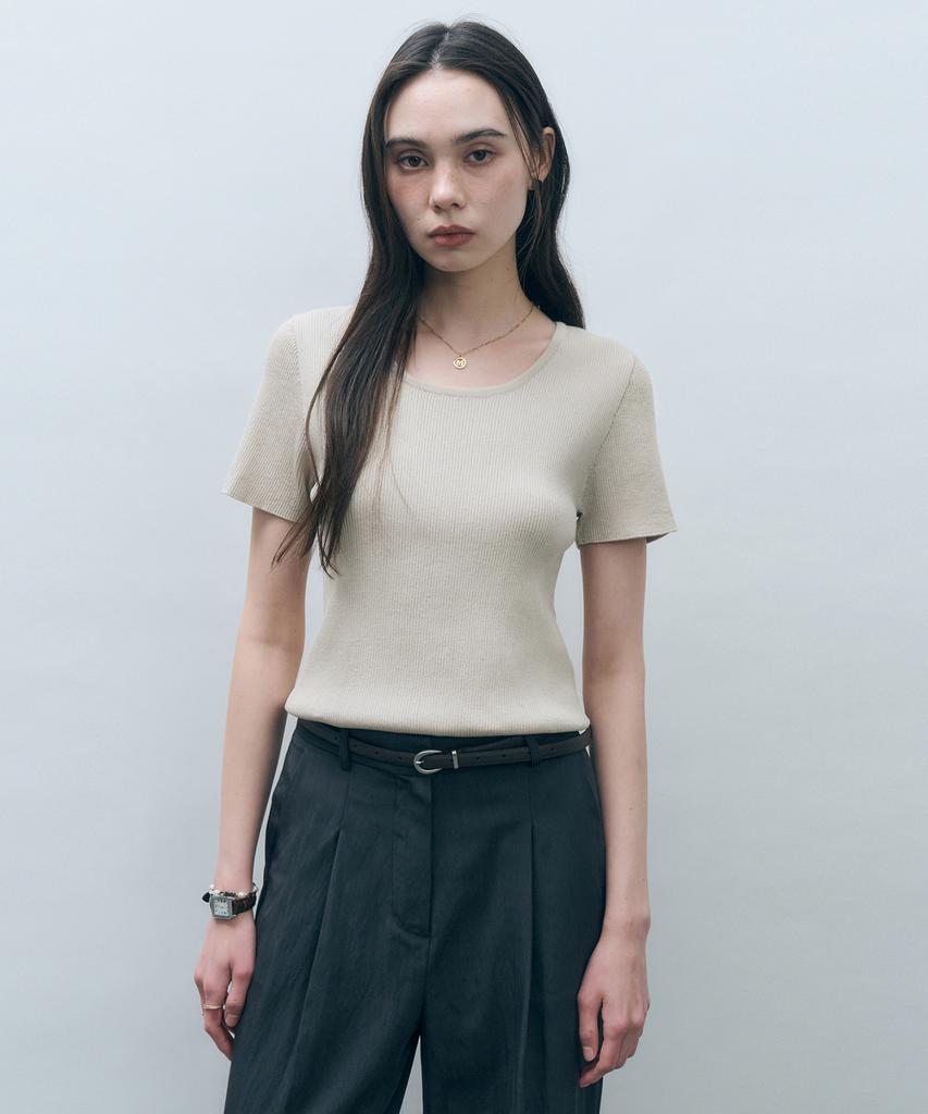 MONGDOL Ribbed Round Neck Short Sleeve Knit Mdkt075_8 Colors