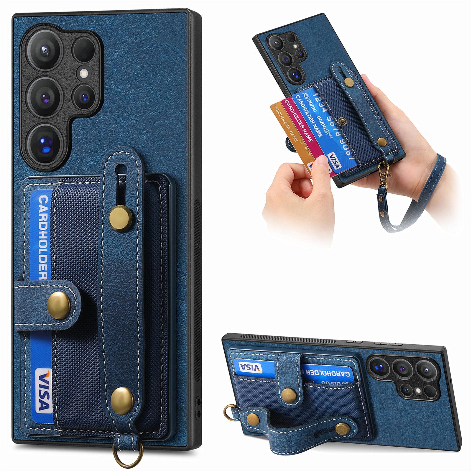 

For Samsung Galaxy S25 Ultra Retro PU Leather Back Cover with Card Holder and Wristband Kickstand Blue