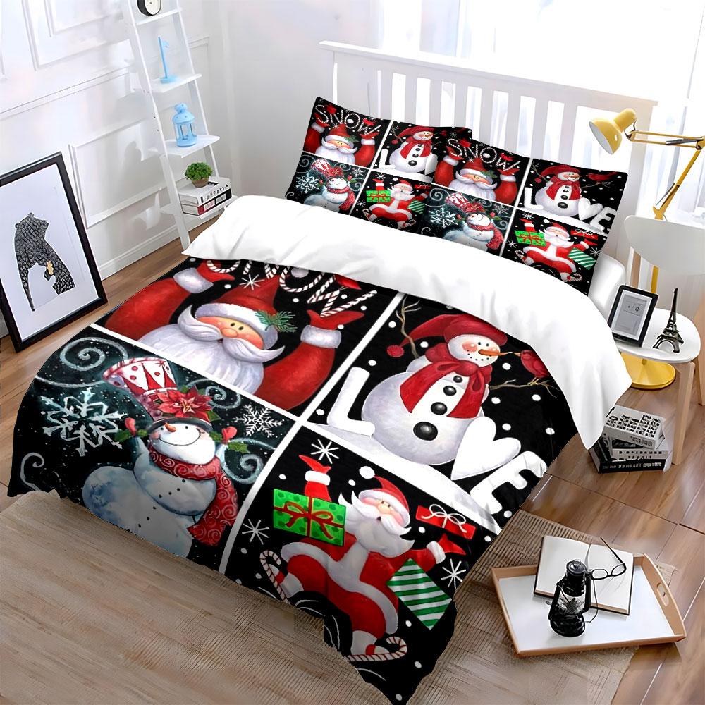 Christmas Santa & Snowman Set Bedding Duvet Cover Set Duvet Cover Pillowcases (1*Duvet Cover 2*Pillowcases, Without Duvet Insert)