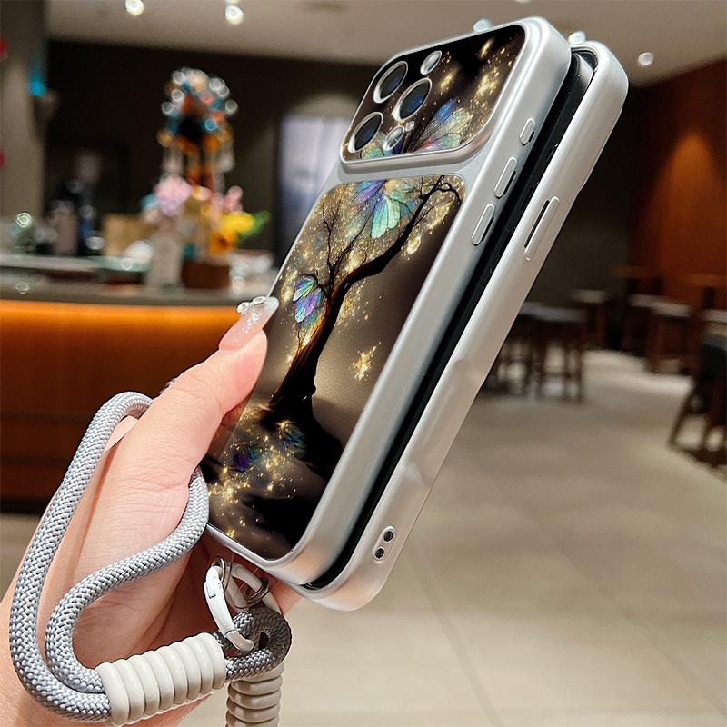 Glowing Tree Butterfly Leather Lanyard Case For iPhone 18 Pro Max Hybrid TPU+PU Anti-skid Soft Cover For iPhone 17 16 15 14 13 Pro Max