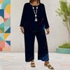 Women Plus Size Red Blue White Printed Two Piece Set Round Neck Long Sleeve Layered Top Wide Leg Cropped Pants