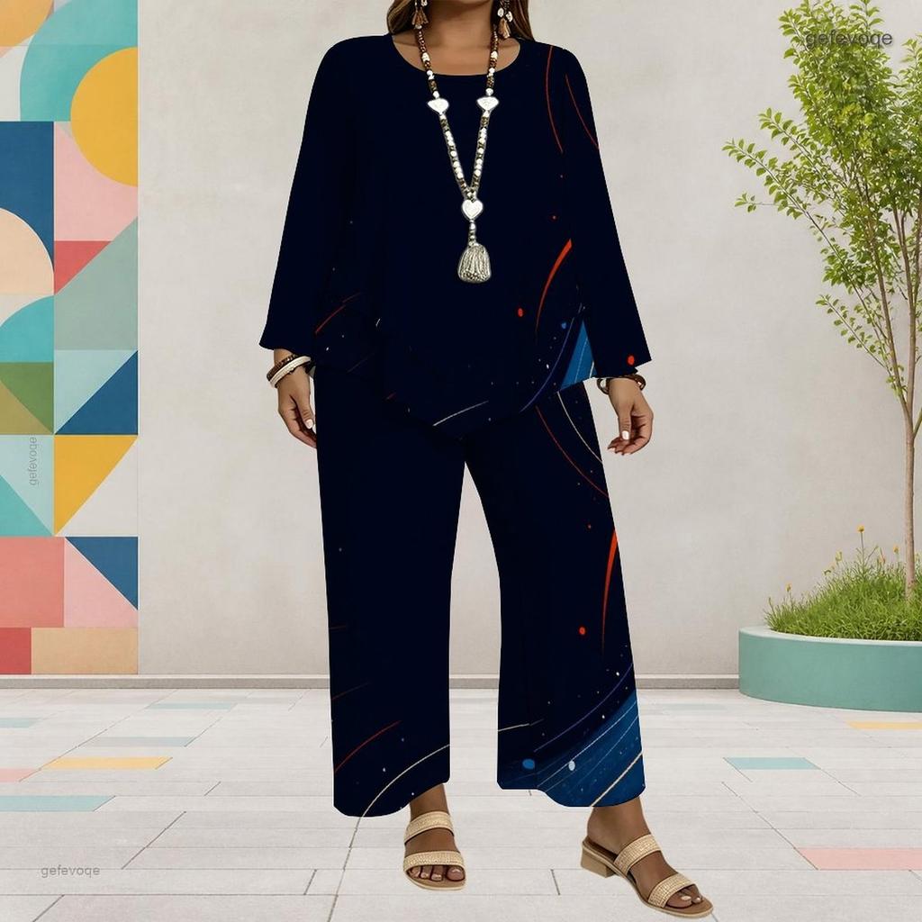 Women Plus Size Red Blue White Printed Two Piece Set Round Neck Long Sleeve Layered Top Wide Leg Cropped Pants