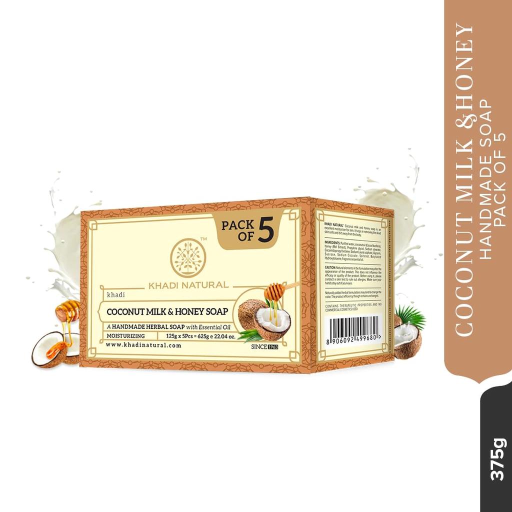 KHADI NATURAL Coconut Milk & Honey Herbal Bath Soap For Soft Glowing Skin Long Lasting Moisture All Skin Types Pack of 1 125g X 5pcs