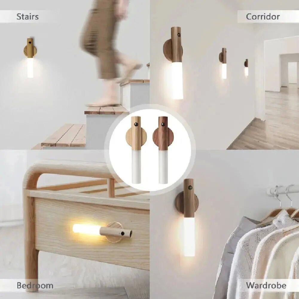 Veilleuse LED Rechargeable Magnétique à Détecteur de Mouvement Automatique Intelligent Créatif Lampe Murale en Bois Lumière pour Placard de Cuisine