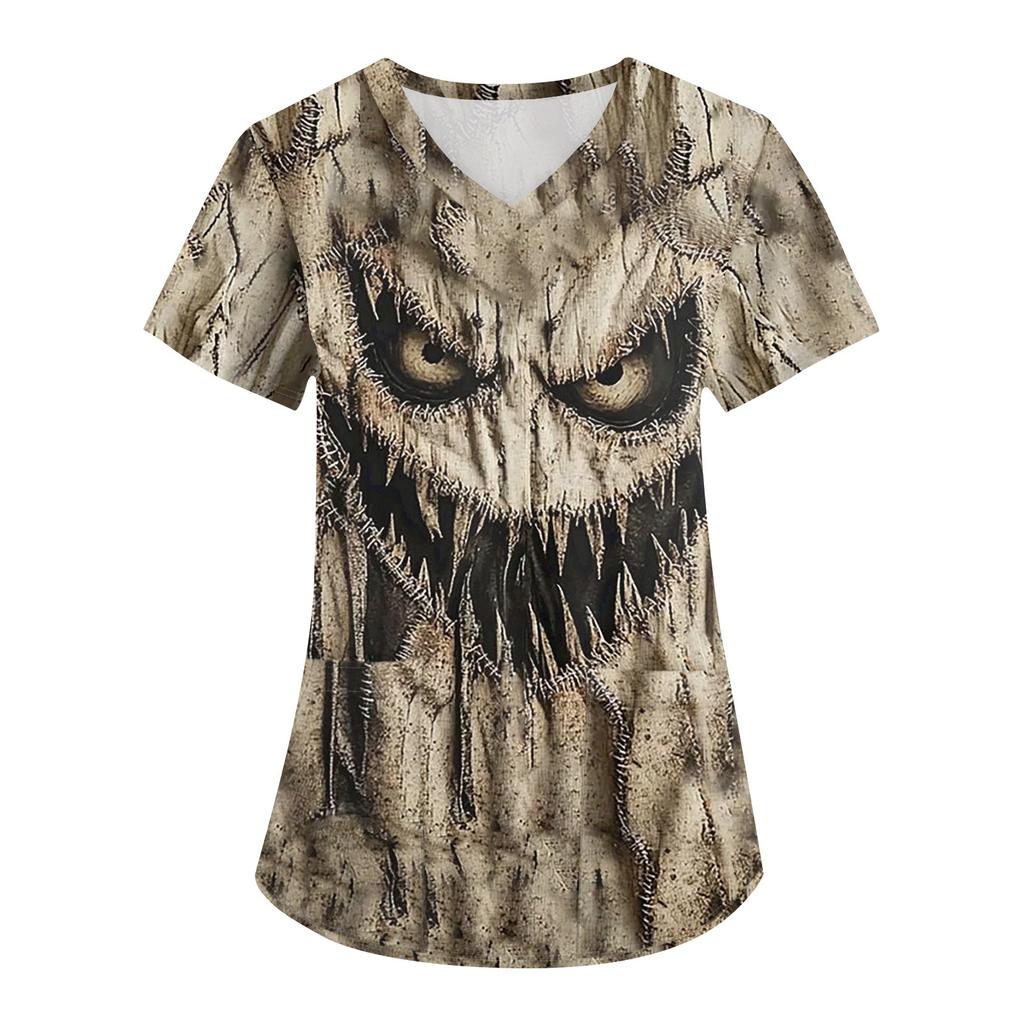 Women's Printing Uniform Work Uniform V-neck Pockets Basic Short Sleeve Pullover Top