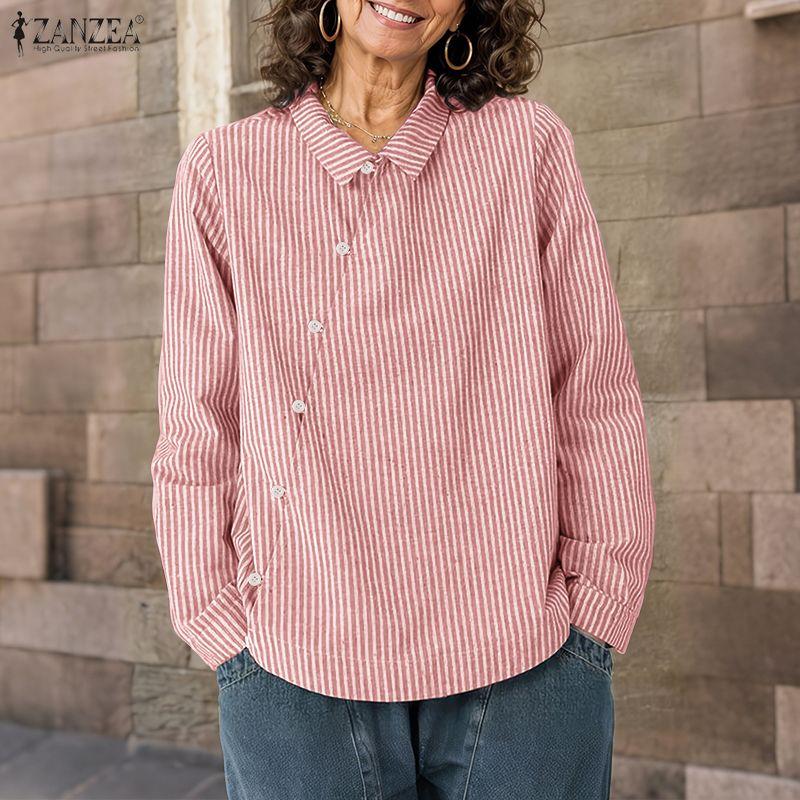 ZANZEA Womens Casual Long Sleeve Classic Stripe Blouse