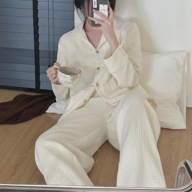 Weiche weiße Pyjamas im koreanischen Stil für Damen - Baumwollimitat, einfarbig, Langarm-Cardigan, große Größe - Frühling/Herbst