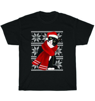 Hässliche Weihnachten Schwarze Katze Weihnachtsmannmütze Schal Feiertag Weihnachten Pyjama Party T-Shirt Unisex