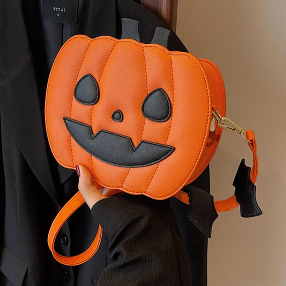 Women Novelty Pumpkin Purse PU Leather Demon Messenger Bag with Zipper Adjustable Strap Halloween Funny Bag