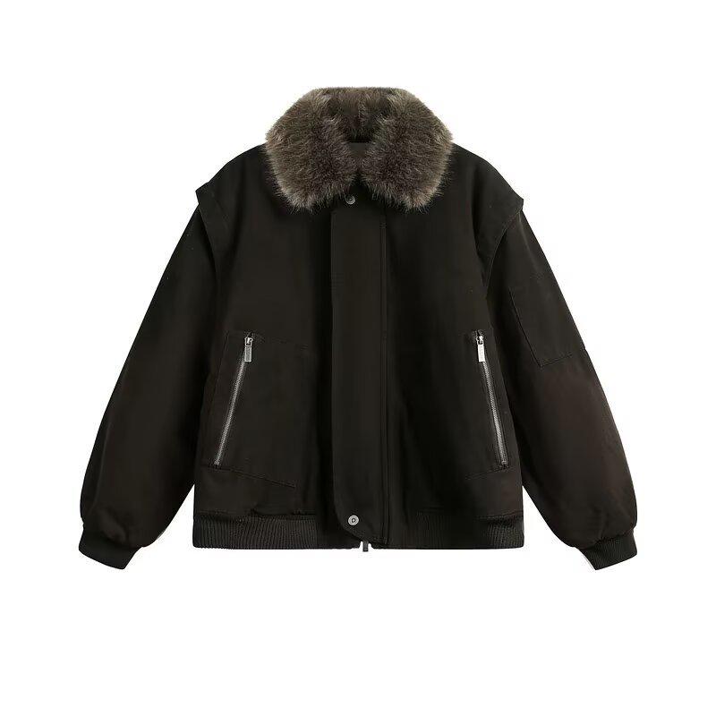 

Unisex Retro Fur Collar Patchwork Winter Parka - Thick & Warm Cotton Jacket XXL коричневий