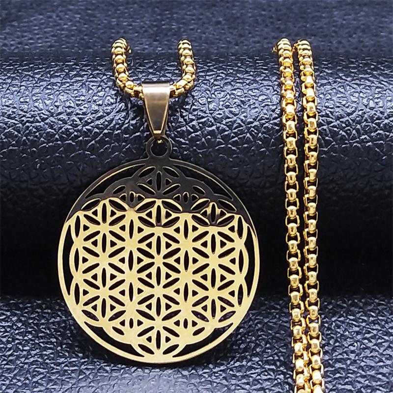 Yoga Flower of Life Stainless Steel Necklace for Women Men Gold Color Aesthetic Seed of Life Sacred Geometry Chain Jewelry N4834