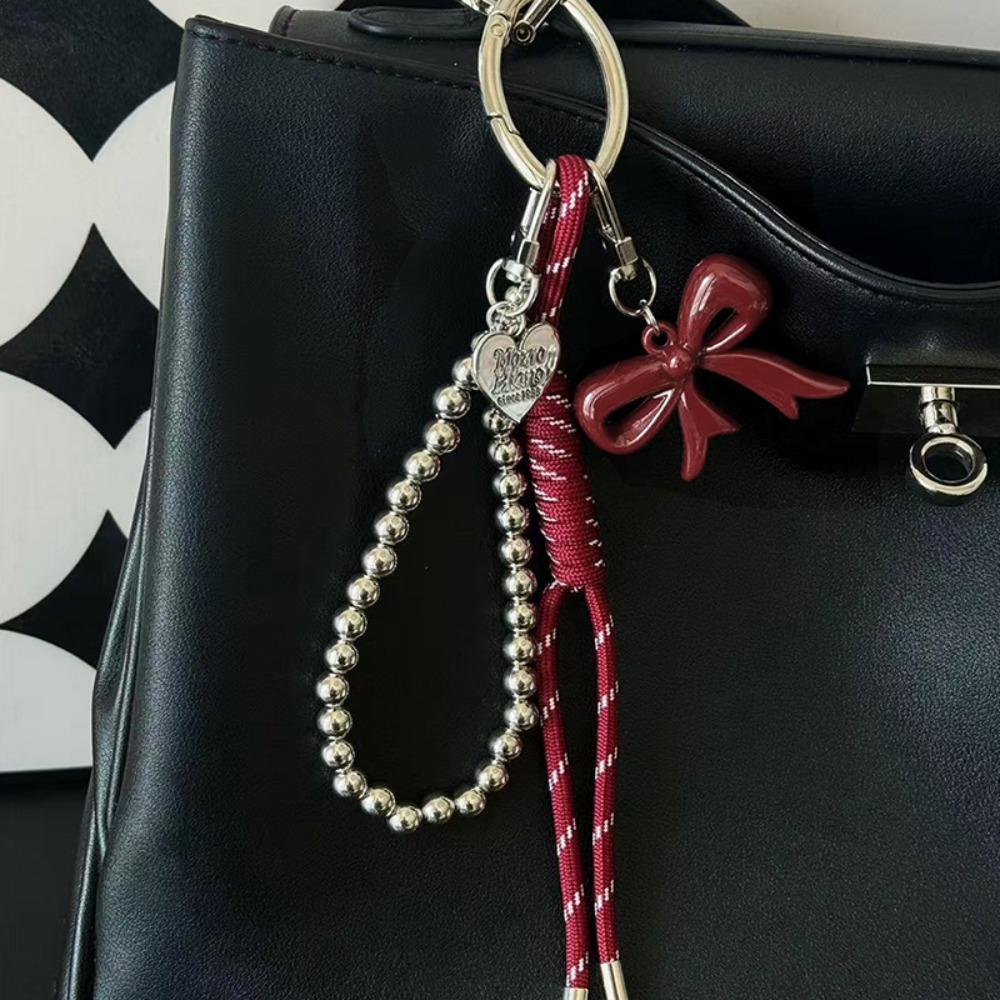 New Red Bow Bag Charm Silver Bead Bead Chain Handmade Woven Rope Keychain Bowknot Keychain Women Gifts