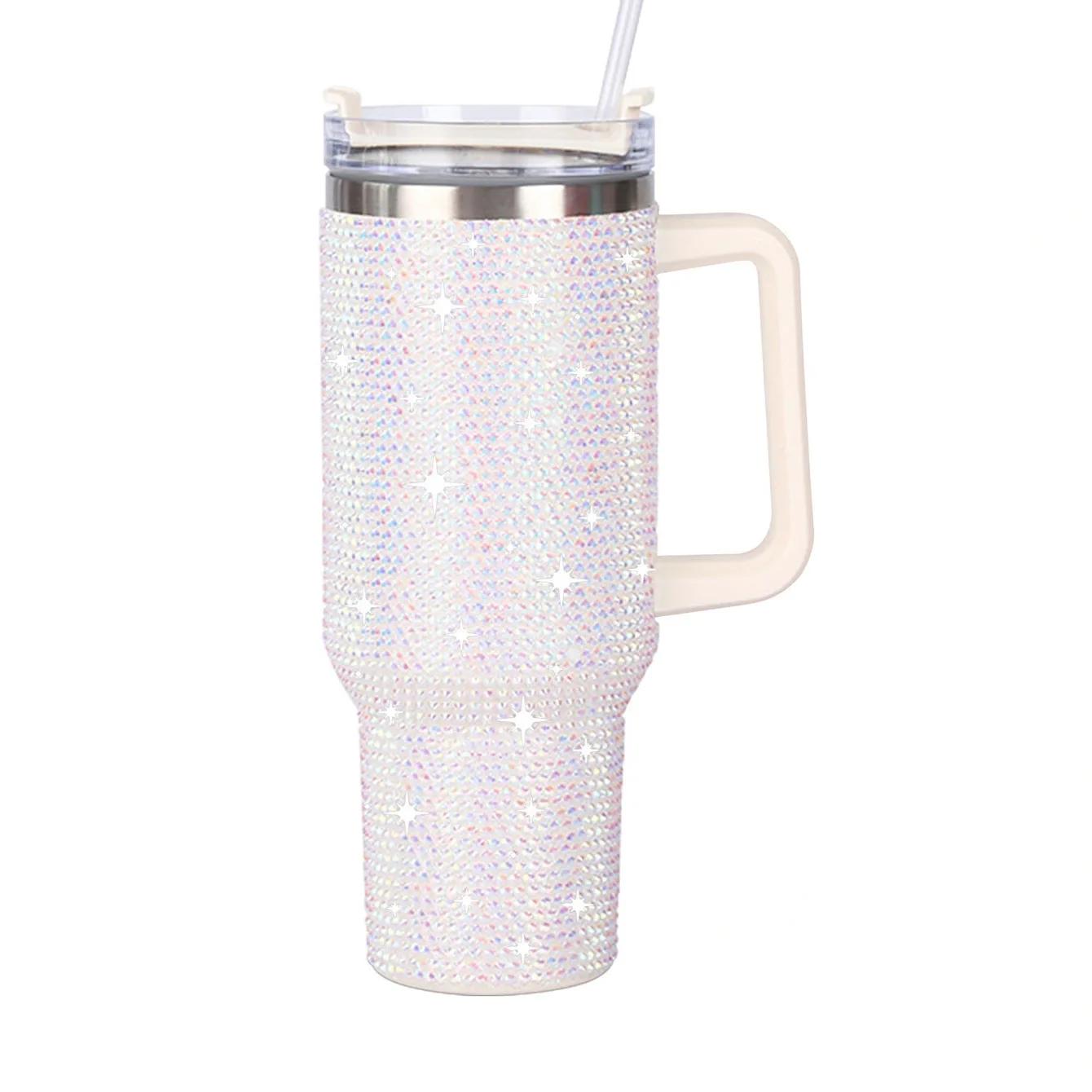 

40oz Rhinestone Stainless Steel Thermoses Shiny Double Wall Vacuum Insulated Tumbler Travel Car Vacuum Flask Home Drinkware 1200ml 40Oz білий