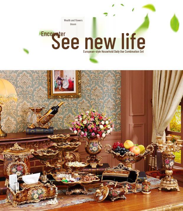 European and American Decorative Set: Fruit Bowl, Tissue Box, Ashtray, and Figurines for Living Room Coffee Table.