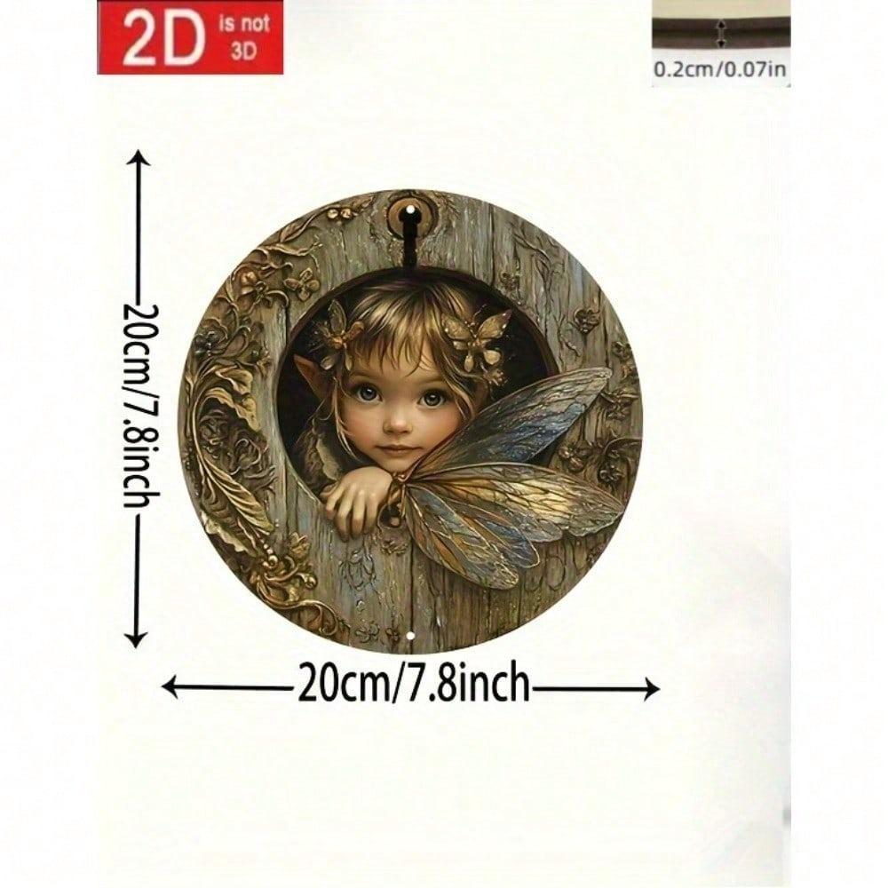 Enchanted Forest Fairy Door Round Wood Wall Art, 2D Printed Hanging Decor, Bohemian Butterfly Floral Accent