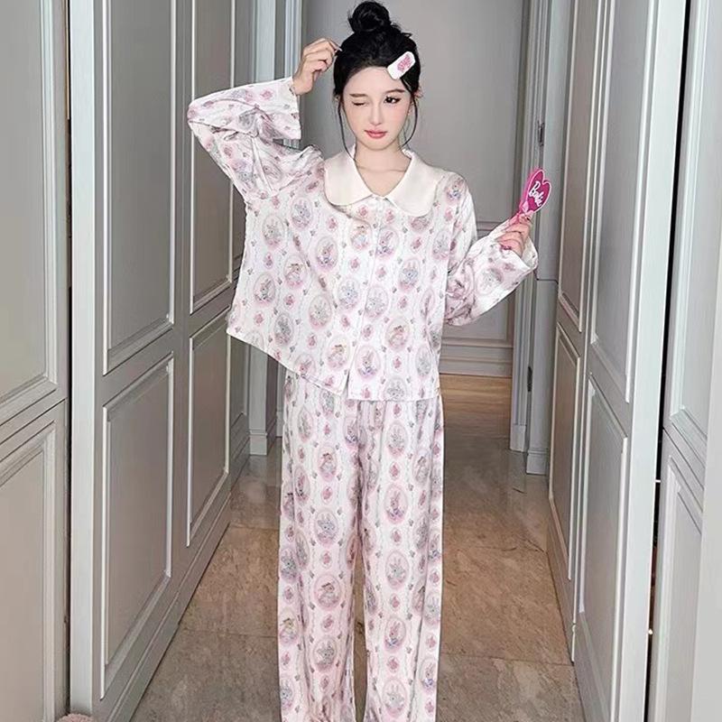 Pajamas Women's Ice Silk Pastoral Rabbit Ice Silk Long Sleeves Trousers Printed Silk Doll Collar Sweet Loungewear Can Be Worn Outside