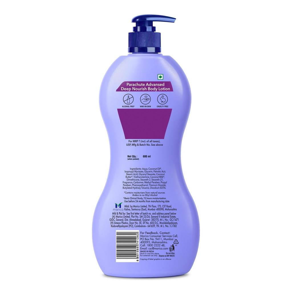 Parachute Deep Nourish Body Lotion For Dry Skin 600ml | Long-Lasting Moisture | Fast Absorbing Non-Sticky Glow Lotion For Men & Women