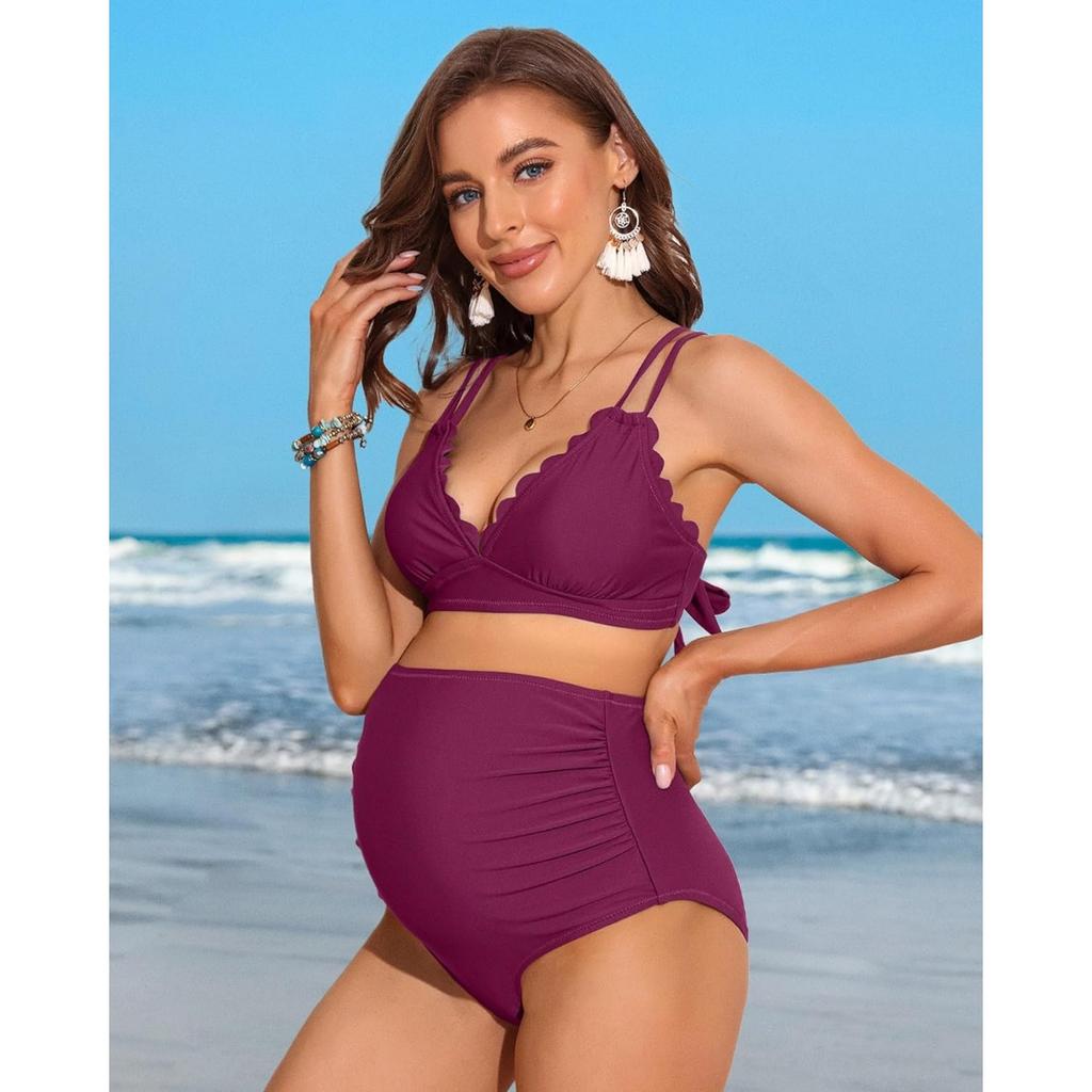 CHARMLEAKS Maternity Swimsuit Women Two Piece High Waist Bikini Scallop Trim Bathing Suit Pregnancy Swimwear