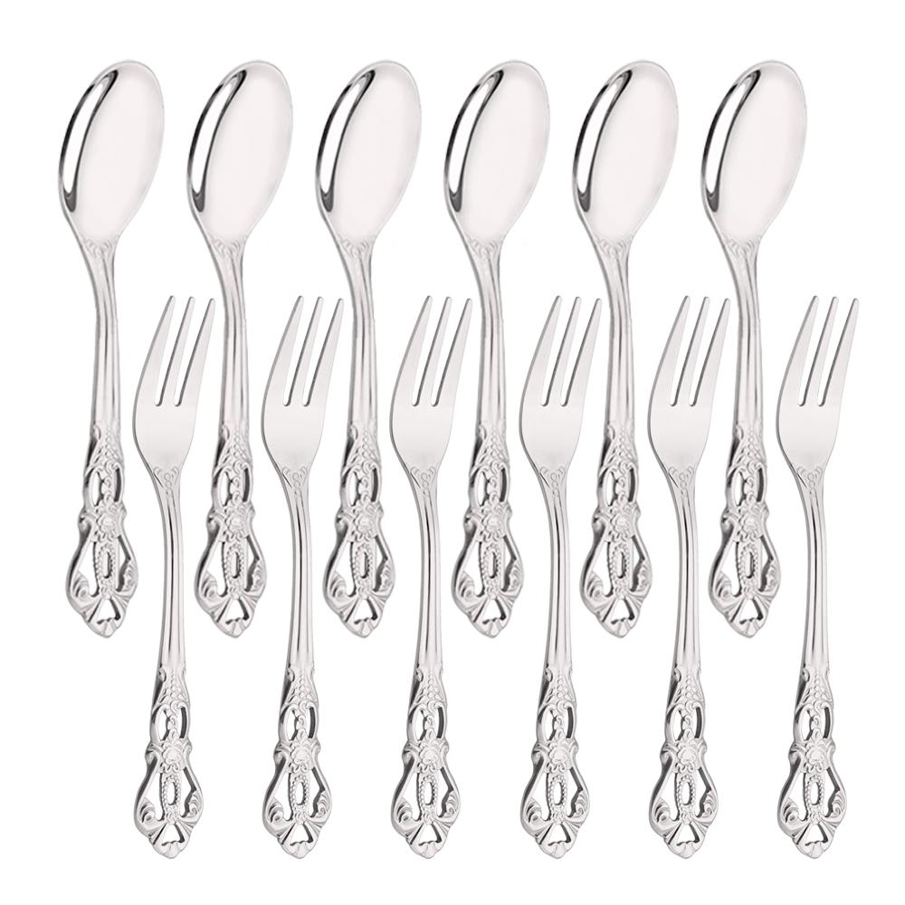 

12Pcs Mini Fork Spoon Set Fruit Cake Snack 304 Stainless Steel Tea Fruit Fork Set Dessert Fork Gold Small Salad Fork Dinnerware серебряный
