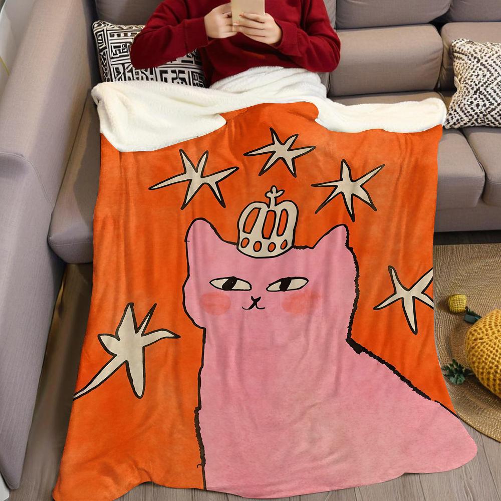 Pink Cat With A Crown Flannel Blanket Warm Soft Halloween Christmas Couch Warm Cozy Decorative Decor Gift For All Season
