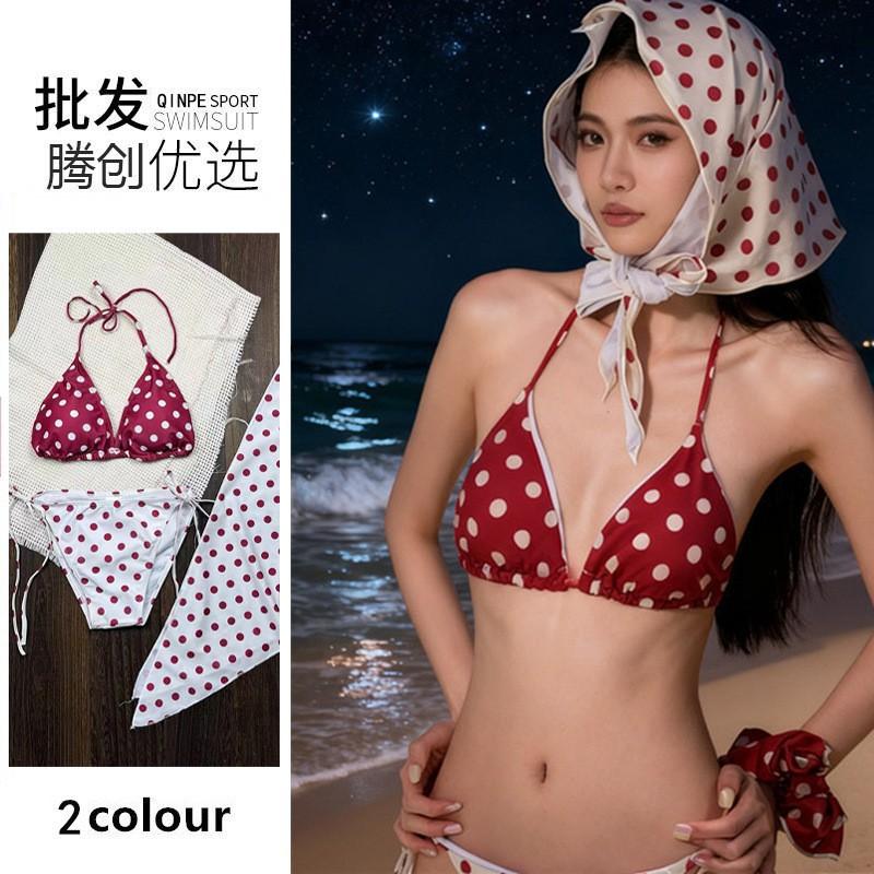 Sexy Polka Dot Bikini Three-piece Swimsuit Female Split Small Chest Gathers Hot Girls Pure Desire Thailand Vacation