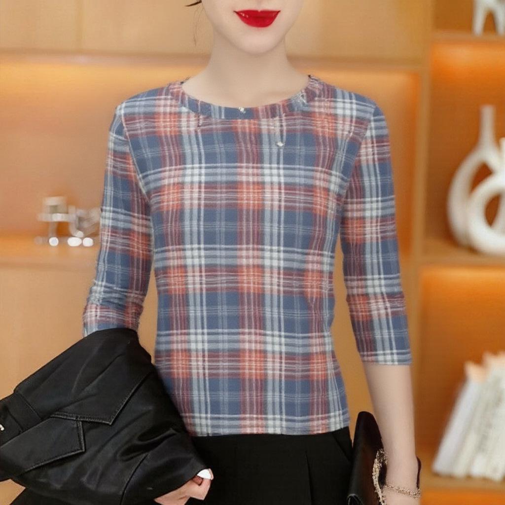 

Comfortable Plaid Long-Sleeve T-Shirt for Women: Slimming & Age-Defying Design for Middle-Aged & Elderly X Large