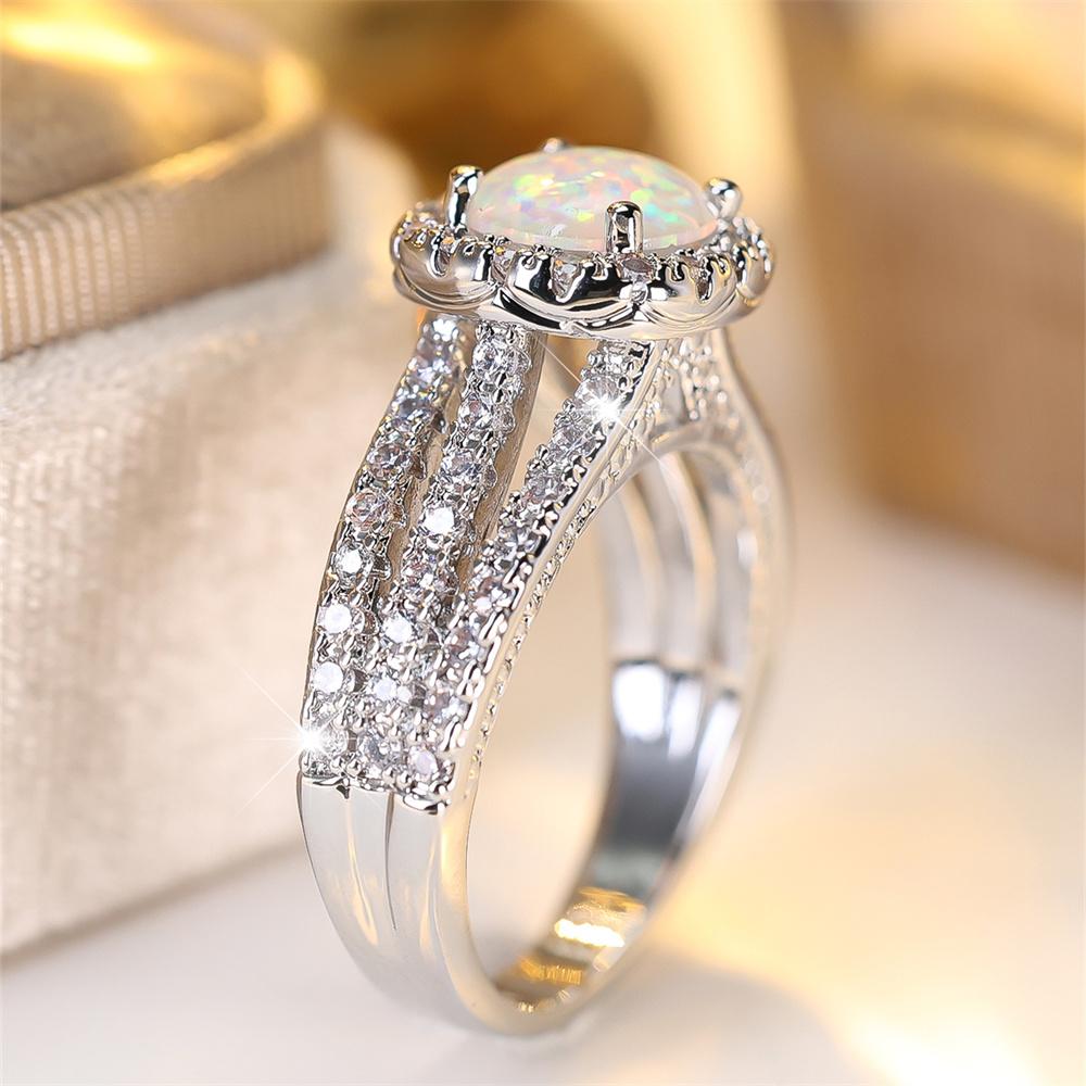 White Fire Opal Round Stone Engagement Rings For Women Vintage CopperColor Luxury Crystal Wedding Bands Birthstone Jewelry Gift