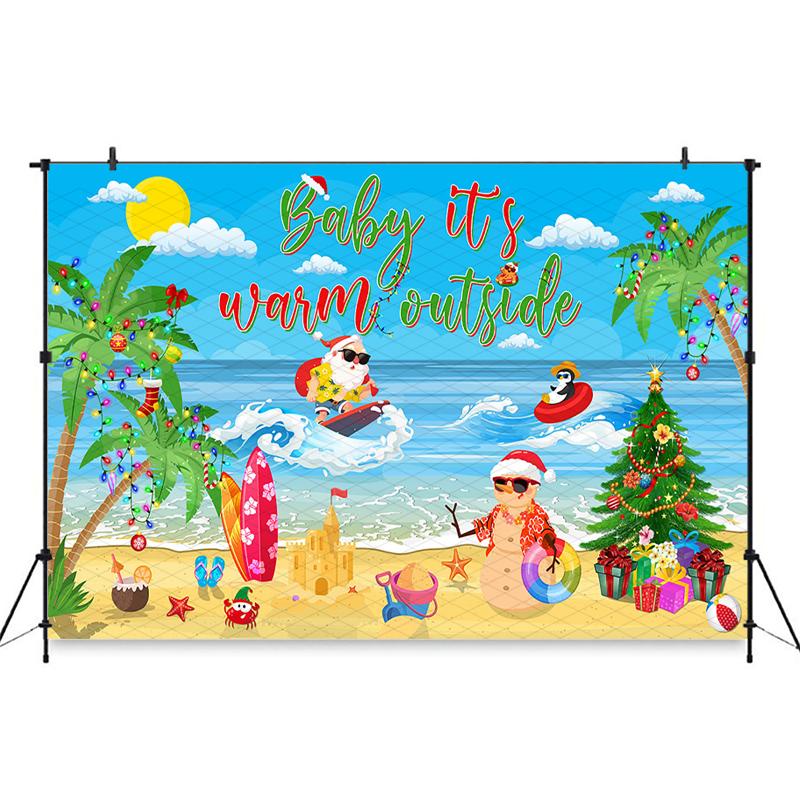 Mocsicka Christmas In July Backdrop Summer Beach Santa Photography Background, Tropical Palm Tree Surfboard Photo Booth Tapestry Fabric-180x110cm
