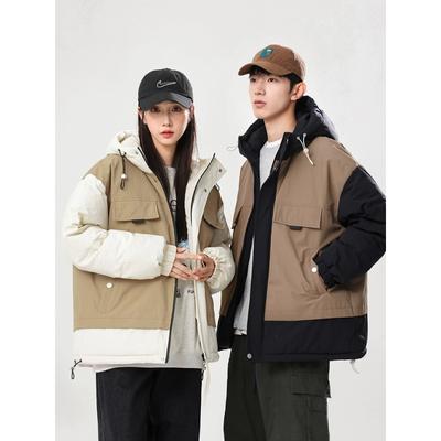 Korean Style Trendy Hooded Contrasting Color Splicing Fashion Warm Loose Casual Niche Jacket Winter Coat American Cotton Coat Couple