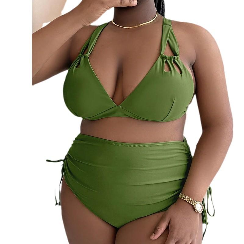 2024 Plus Size High Waist Triangle Bikini - Women’s Solid Color Swimwear