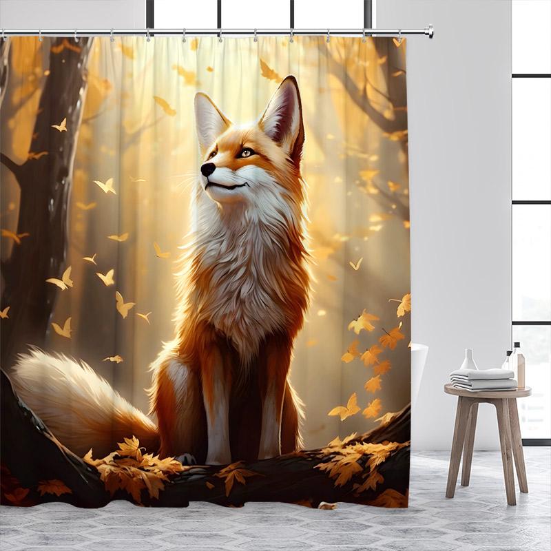 Funny Fox Shower Curtain Autumn Forest Maple Leaves Animal Fall Art Scenery Bath Curtains Fabric Home Bathroom Decor with Hooks