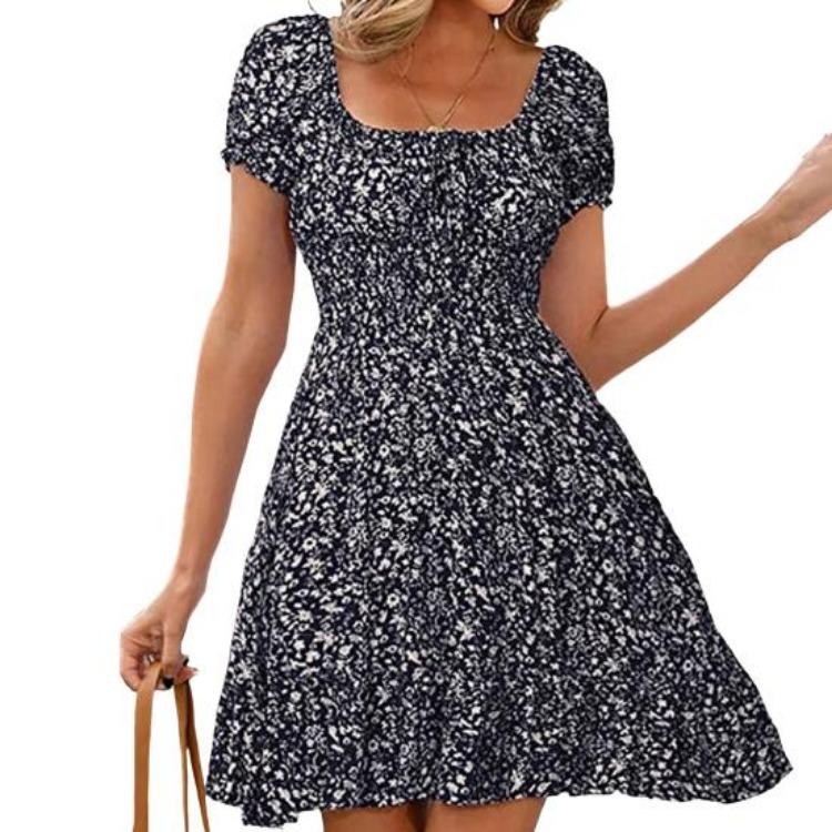 Square Neck Boho Floral Summer Dress Women Short Sleeve Smocked Swing A Line Flowy Ruffle Beach Sundress