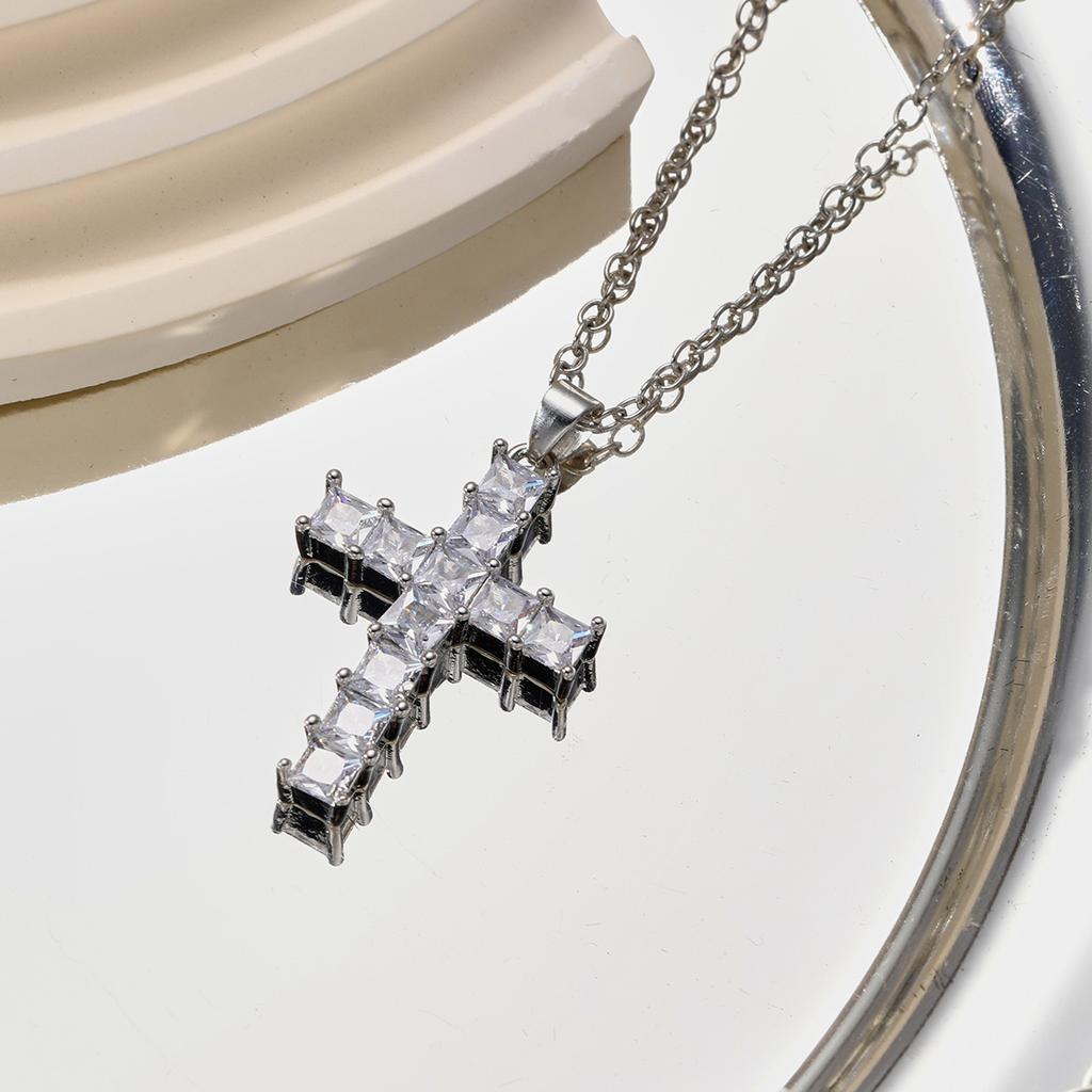 Fashion Colorful Zircon Cross Pendant Necklace For Women Stainless Steel  Color Charm Religious Necklaces Jewelry Gifts