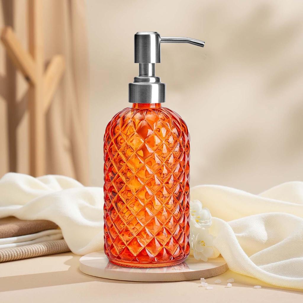 1pc 16oz Orange Color Soap Dispenser Bathroom, Glass Soap Dispenser with Pump, Gem Patterned Glass Soap Dispenser for Hand Soap