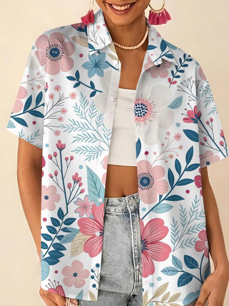 Gentle blue floral printed shirt for women, short-sleeve loose lapel design, niche vacation style top