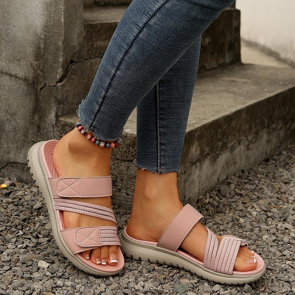 Ladies' Multi-color Elastic Ribbon Slippers with Velcro Adhesive Soft Sole Outdoor Walking Slippers