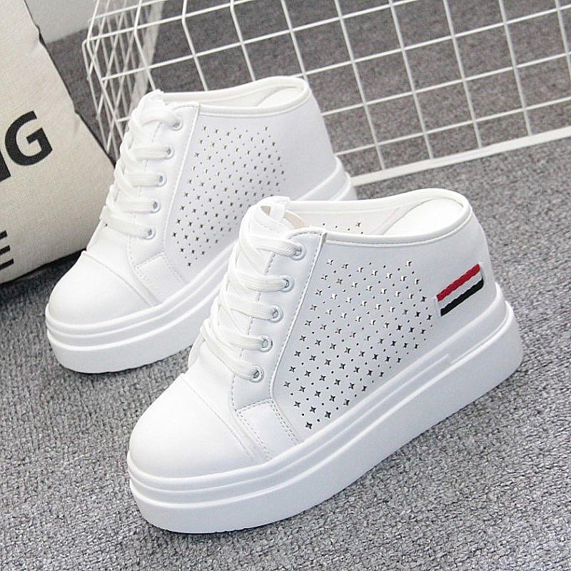 Fashion Baotou Half Slipper Inside Increase 10cm Women's Shoes A Slipper Lazy Shoes Port Wind Slipper Without Heel Small White Shoes